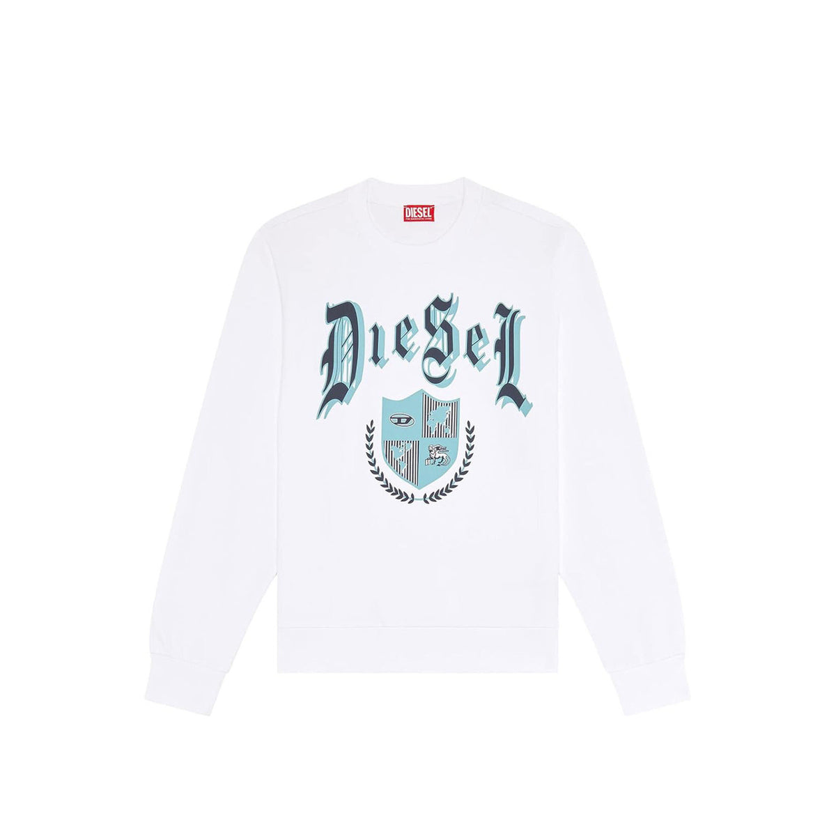 Sweat col rond Diesel homme blanc, imprimé grand format typographie gothique et écusson héraldique bleu, fond blanc — Delvale