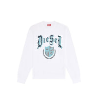 Sweat col rond Diesel homme blanc, imprimé grand format typographie gothique et écusson héraldique bleu, fond blanc — Delvale