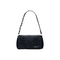 Image 1 : Sac baguette Desigual noir de face, broderie palmiers en relief ton sur ton et sangle bimatière chaîne argentée — Delvale