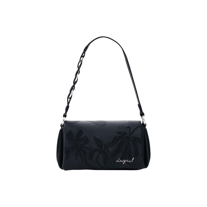 Image 1 : Sac baguette Desigual noir de face, broderie palmiers en relief ton sur ton et sangle bimatière chaîne argentée — Delvale