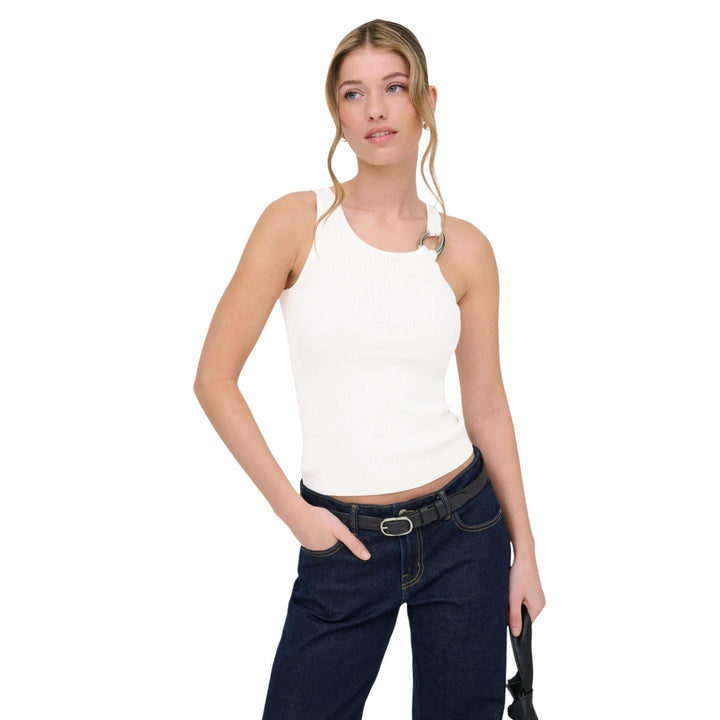 Image 1 : Top Only blanc sans manches col rond pour femme, coupe ajustée élégante — Delvale