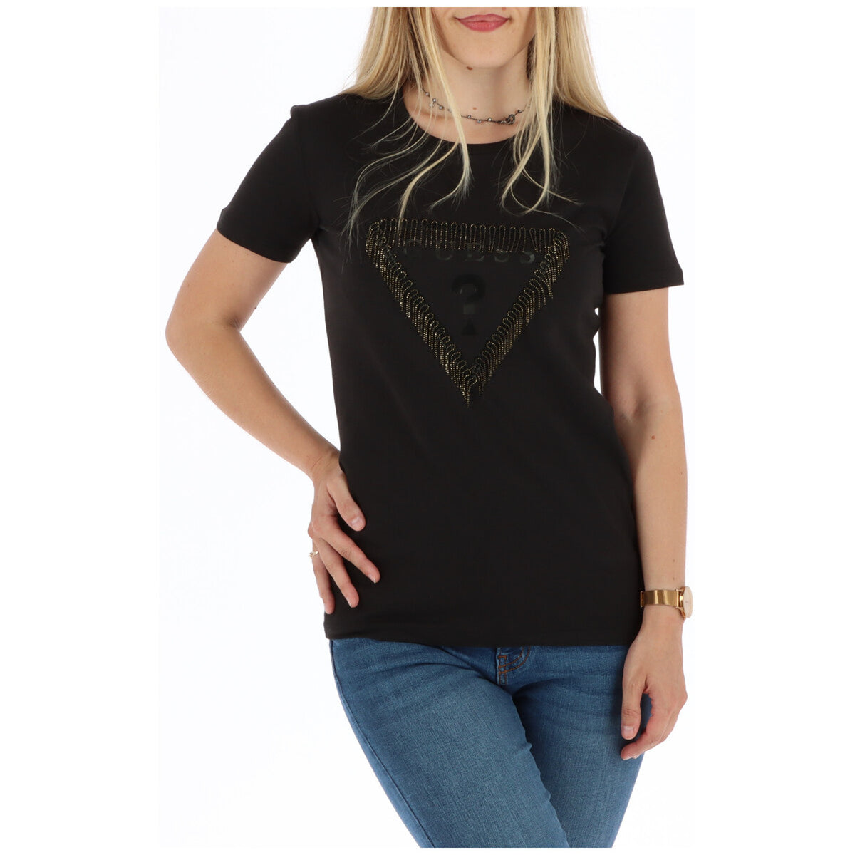 Image 1 : T-shirt Guess femme noir manches courtes col rond coupe moderne — delvale