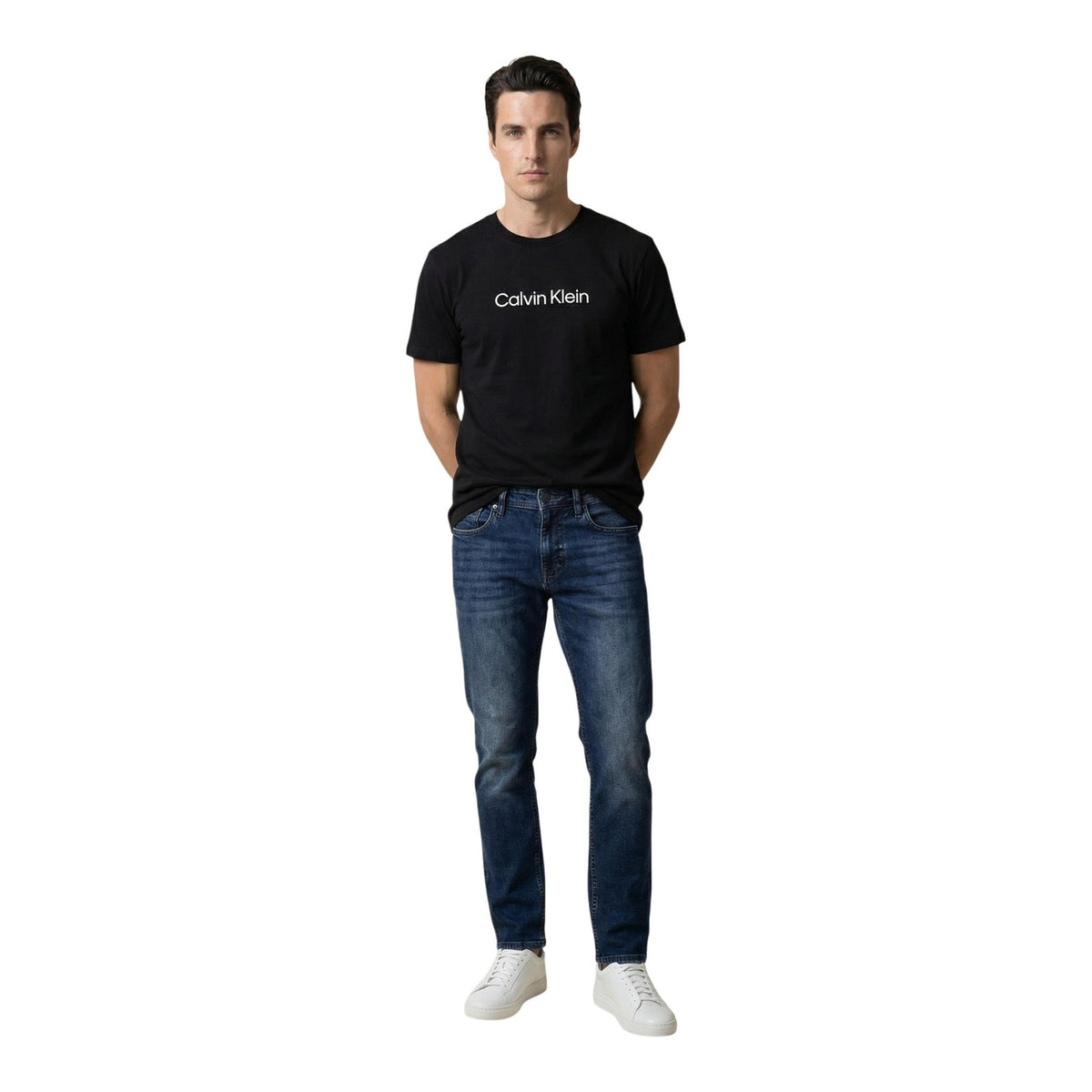 Image 4 : Jean Antony Morato homme vue trois quarts, denim bleu délavé coupe ajustée et effilée vers le bas — 9yvwh4-xt