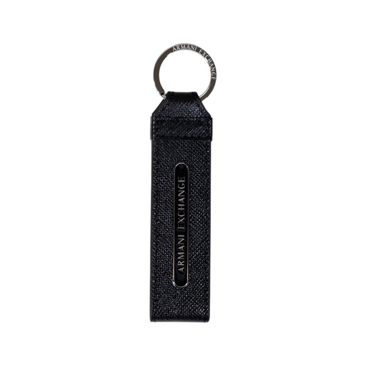 Porte-clés Armani Exchange cuir noir — détail finition métal et logo AX