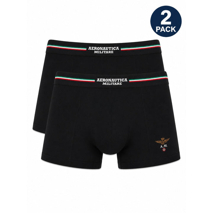 Image 1 : Lot de 2 boxers Aeronautica Militare homme noirs avec ceinture élastique logo tricolore et broderie aigle doré A.M. — Delvale