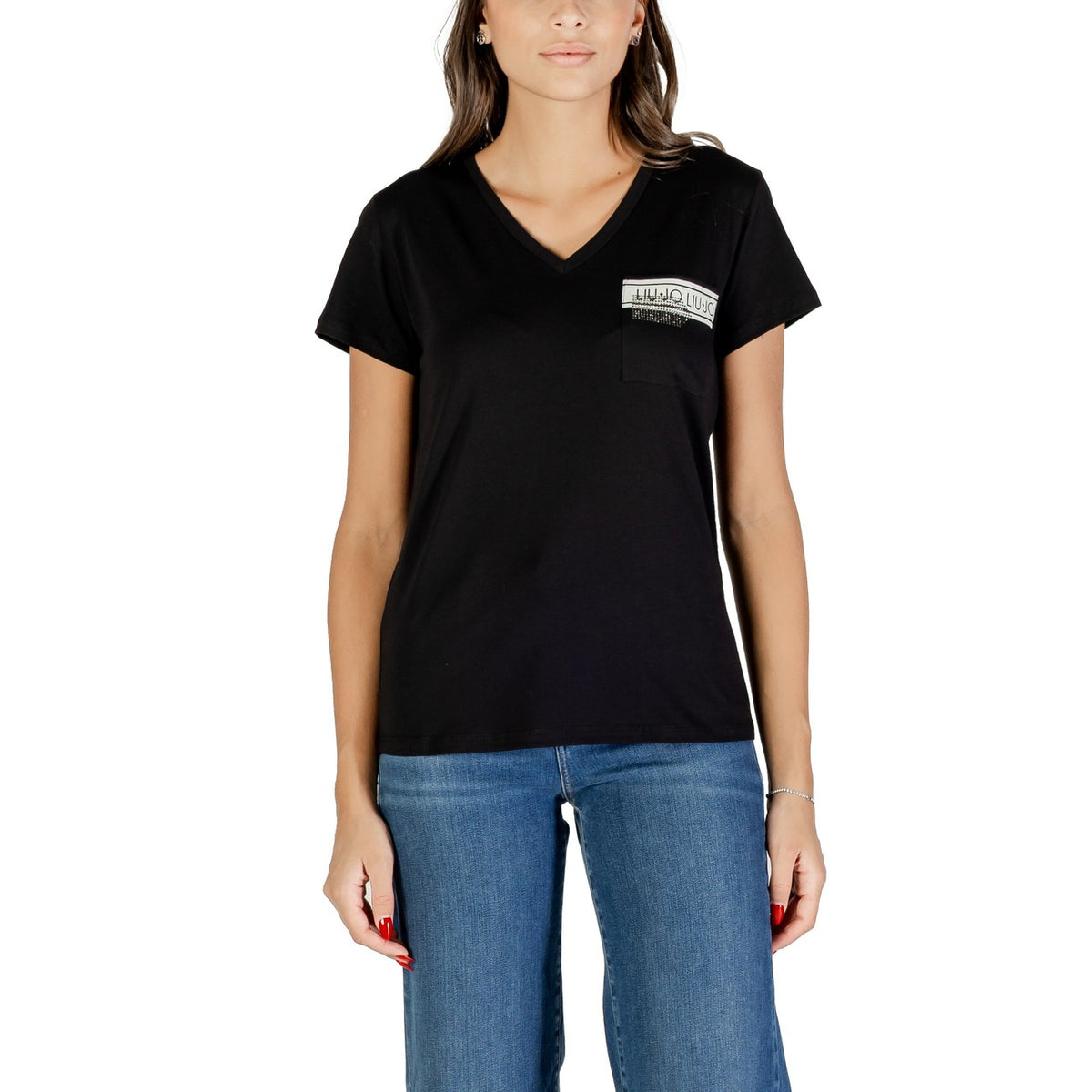 Image 4 : Détail du t-shirt Liu Jo blanc, poche poitrine avec inscription logo et finitions strass brillants — Delvale