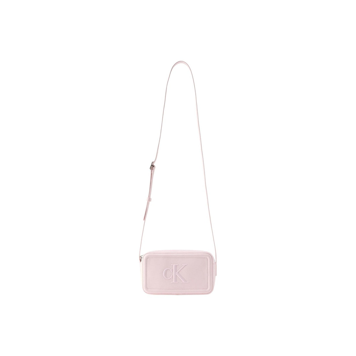 Image 1 : Mini sac bandoulière Calvin Klein rose poudré avec monogramme CK gaufré, vue de face — Delvale