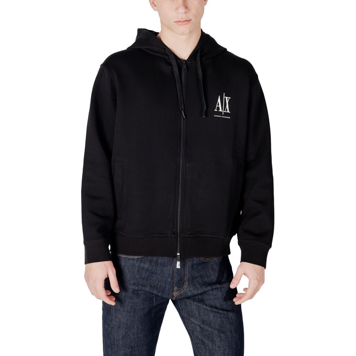 Sweat zippé Armani Exchange homme noir de face, logo AX et mention Armani Exchange imprimés sur la poitrine gauche
