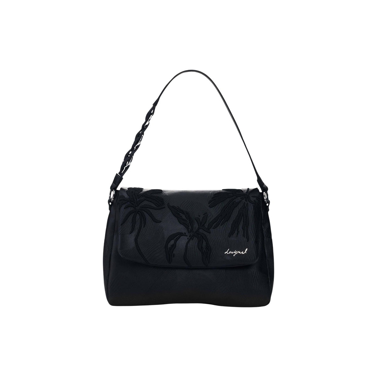 Image 1 : Desigual sac convertible femme noir rabat palmiers brodés relief anse bimatière logo cursif blanc — vue face — Delvale