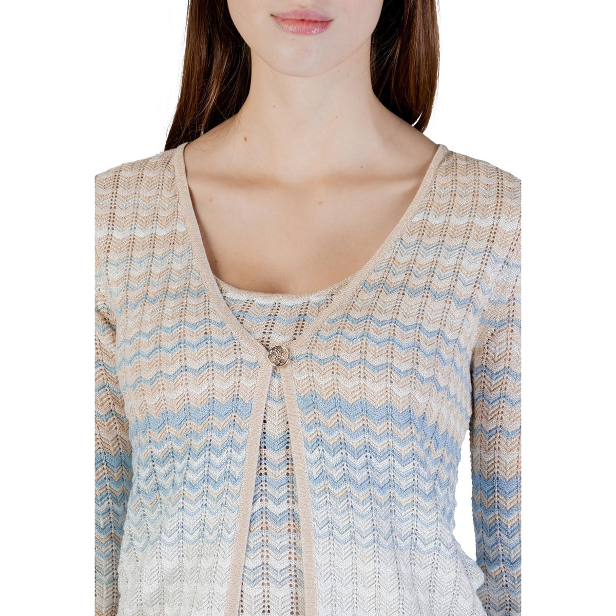 Image 2 : Cardigan beige Guess pour femme, vue de face, col V élégant et brillance lurex — delvale