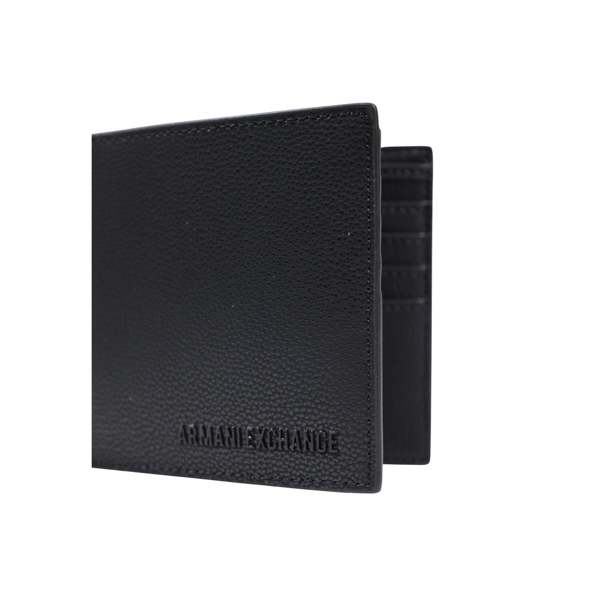 Image 3 : Détail du logo Armani Exchange gaufré ton sur ton sur portefeuille cuir noir homme — Delvale