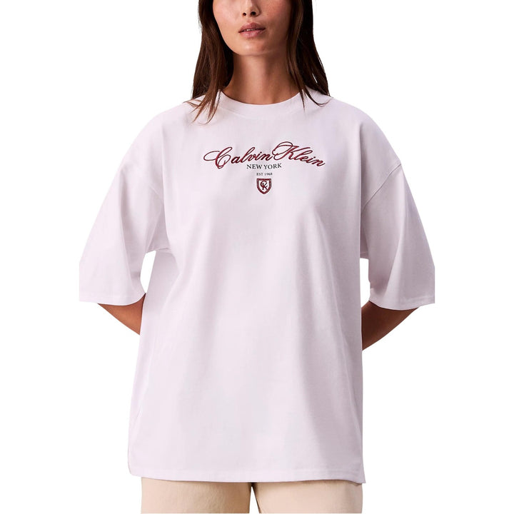 Image 1 : T-shirt Calvin Klein Jeans blanc femme avec logo signature, col rond et manches courtes — delvale