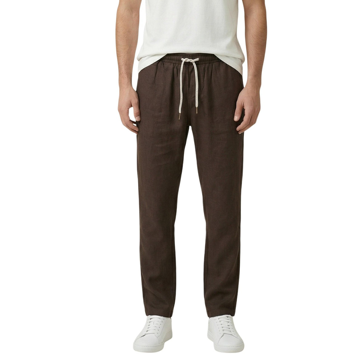 Image 4 : Pantalon homme Gianni Lupo beige lyocell, détail fermeture lacets et finitions — delvale
