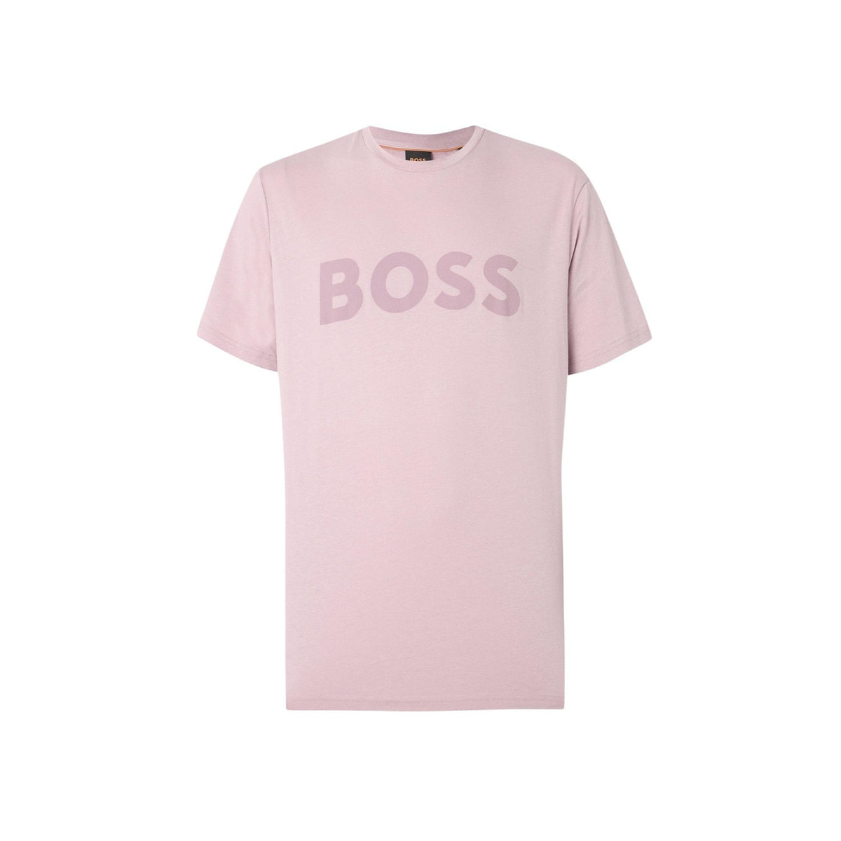 T-shirt Boss homme rose poudré logo BOSS poitrine, vue à plat sur fond blanc