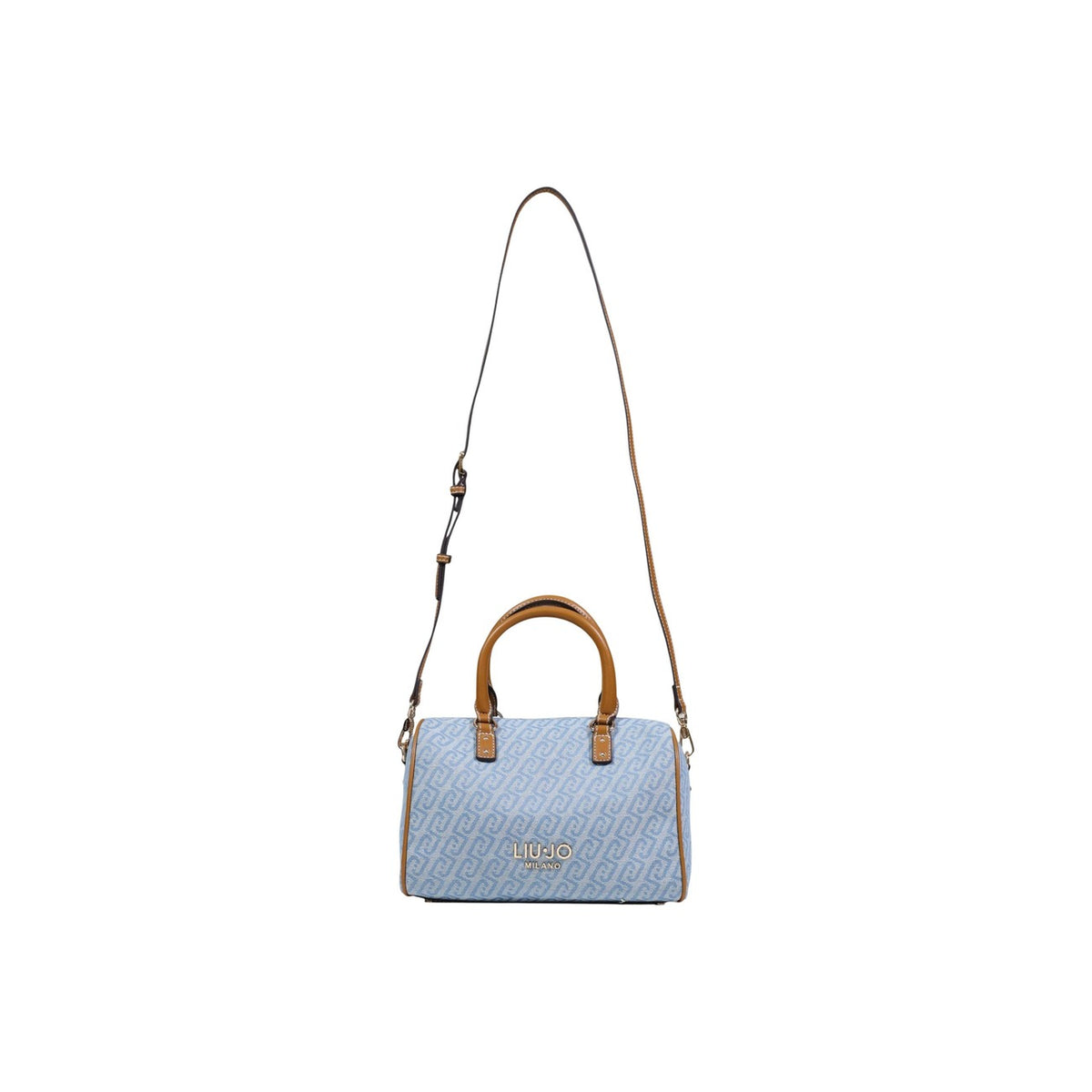 Image 7 : Sac bowling Liu Jo Milano posé, vue d'ensemble montrant le monogramme ton sur ton beige doré — Delvale