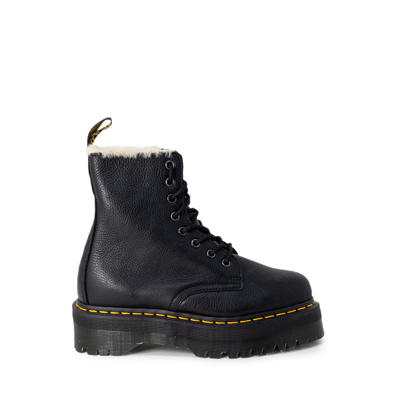 Dr. Martens Jadon fourrées noires femme, vue de profil avec lacets et semelle épaisse