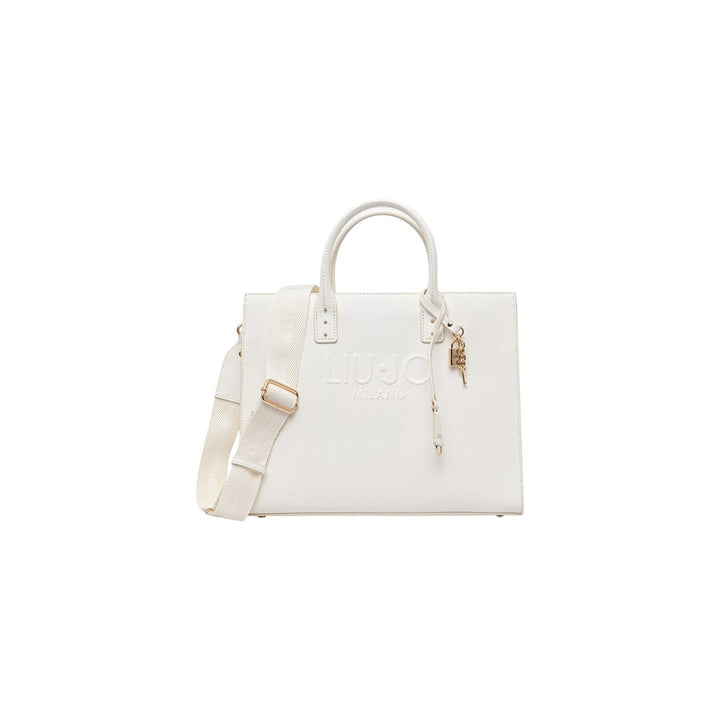 Image 1 : Sac à main Liu Jo structuré blanc ivoire logo Milano embossé avec bandoulière textile amovible et breloque cadenas dorée, vue de face — Delvale