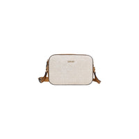 Image 1 : Sac bandoulière Liu Jo femme compact en coton-lin beige avec motif en relief, bandoulière camel et finitions dorées, vue de face — Delvale