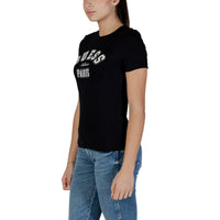 Image 2 : Détail inscription Paris en lettres universitaires blanches ornées de strass sur t-shirt Guess Active noir — delvale