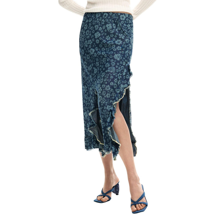 Image 1 : Jupe Desigual femme bleue avec motifs floraux colorés en lyocell — delvale