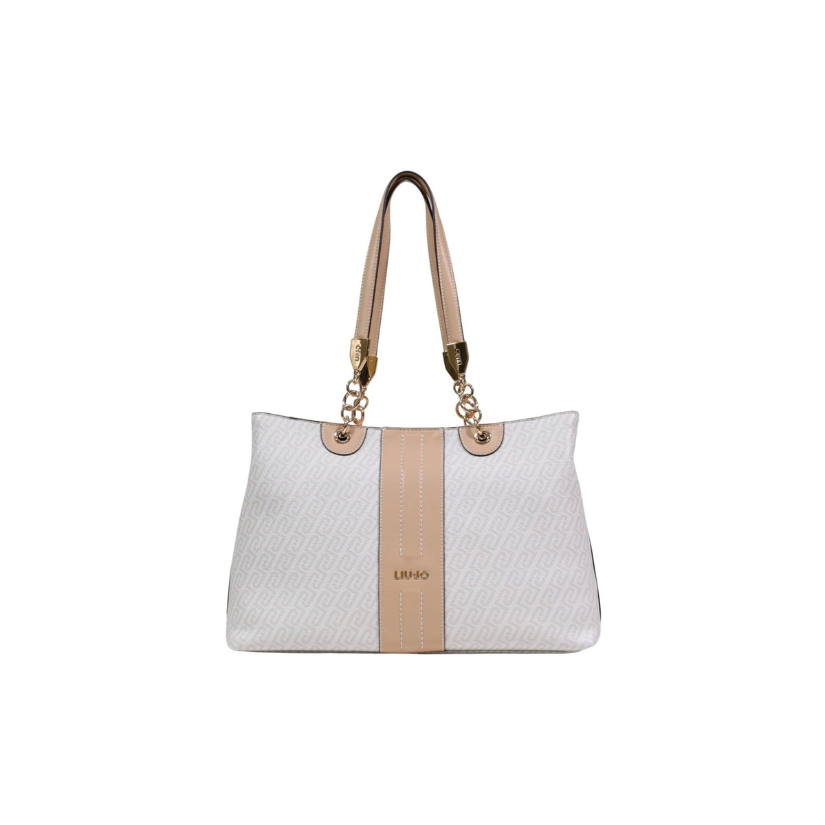 Image 1 : Tote bag Liu Jo monogramme blanc cassé avec bande centrale beige rosé, anses doubles à chaîne dorée, vue de face — Delvale