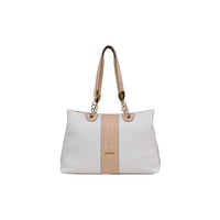 Image 1 : Tote bag Liu Jo monogramme blanc cassé avec bande centrale beige rosé, anses doubles à chaîne dorée, vue de face — Delvale