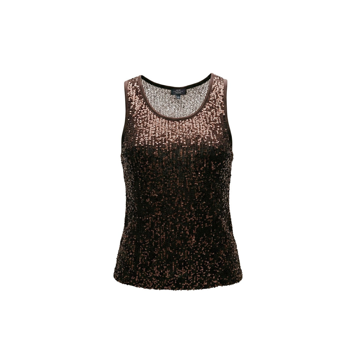 Image 2 : Top pailleté brun Jacqueline De Yong porté sur mannequin, détail des micro-sequins dorés sur fond chocolat, vue frontale — Delvale