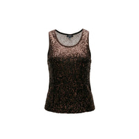 Image 2 : Top pailleté brun Jacqueline De Yong porté sur mannequin, détail des micro-sequins dorés sur fond chocolat, vue frontale — Delvale