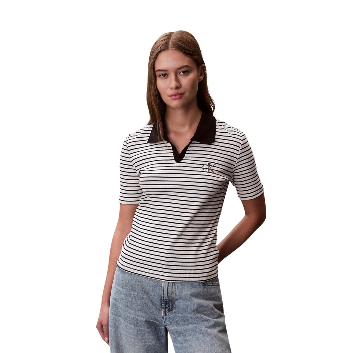 Image 1 : Polo Calvin Klein Jeans femme noir à rayures, col V et manches courtes — Delvale
