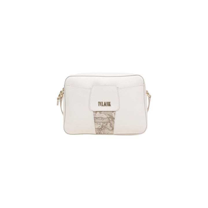 Image 1 : Sac bandoulière Alviero Martini Prima Classe beige de face, motif carte géographique emblématique et logo métal doré sur poche frontale — Delvale