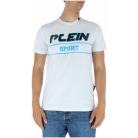 Image 1 : T-shirt Plein Sport homme blanc avec logo graphique noir et bleu électrique imprimé sur la poitrine, porté avec un jean denim, fond blanc — Delvale