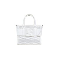 Image 1 : Sac à main Armani Exchange blanc avec motif perforé géométrique et plaque AX signature — delvale