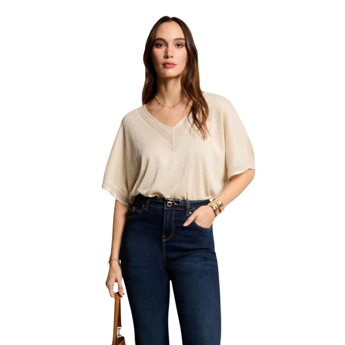 Image 1 : Pull Morgan De Toi femme beige col V manches courtes — delvale