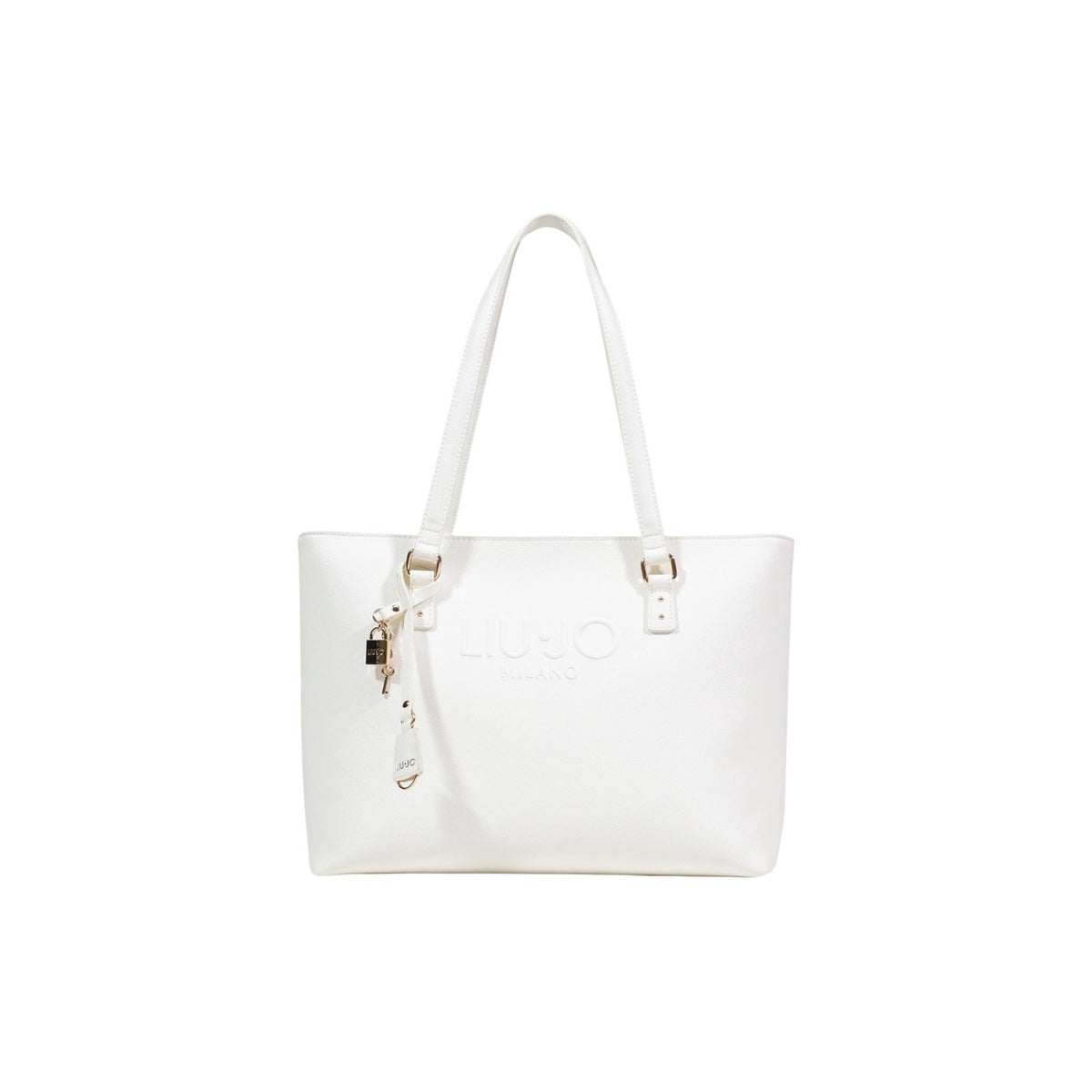 Image 1 : Tote bag Liu Jo femme blanc nacré logo embossé Milano, anses doubles et breloque cadenas doré, vue face — Delvale