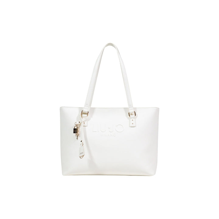 Image 1 : Tote bag Liu Jo femme blanc nacré logo embossé Milano, anses doubles et breloque cadenas doré, vue face — Delvale
