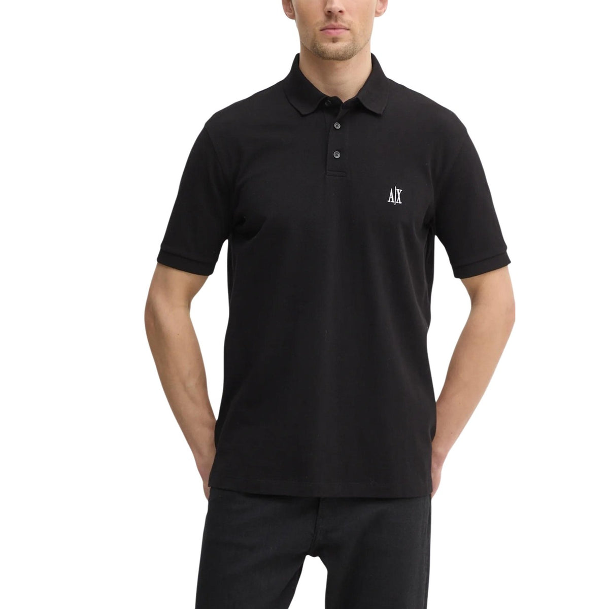 Polo Armani Exchange homme noir piqué logo AX — vue de face fond blanc — Delvale