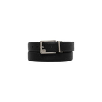 Image 1 : Ceinture homme Calvin Klein en cuir grainé noir avec boucle à ardillon argentée siglée CK, vue de face enroulée — Delvale