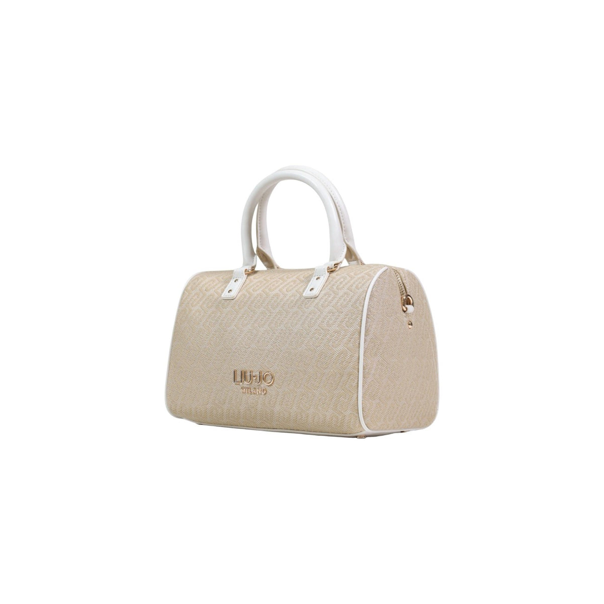 Image 2 : Vue de trois quarts du sac bowling Liu Jo Milano jacquard monogramme beige et finitions dorées — Delvale
