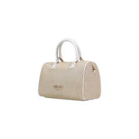Image 2 : Vue de trois quarts du sac bowling Liu Jo Milano jacquard monogramme beige et finitions dorées — Delvale