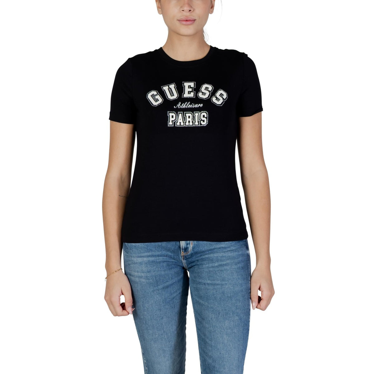 Image 1 : T-shirt Guess Active femme noir avec inscription Athleisure Paris en strass argentés — delvale