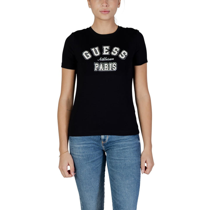 Image 1 : T-shirt Guess Active femme noir avec inscription Athleisure Paris en strass argentés — delvale