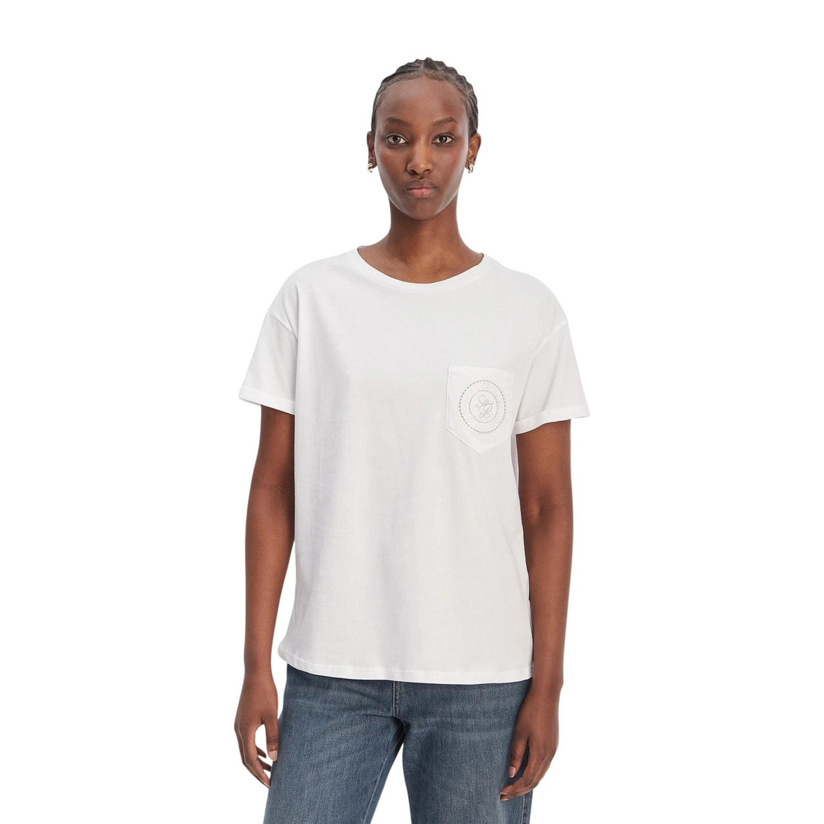 Image 6 : T-shirt Liu Jo femme noir col rond, vue d'ensemble de la silhouette complète portée par un mannequin — Delvale