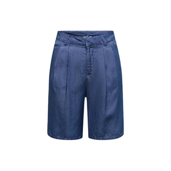 Image 1 : Short bermuda femme Only bleu denim taille haute avec pinces frontales et fermeture zip, vue de face sur fond blanc — Delvale