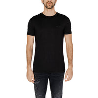 Image 4 : T-shirt homme Antony Morato col V stretch bleu marine, silhouette complète sur mannequin avec jean gris — 9yvwh4-xt