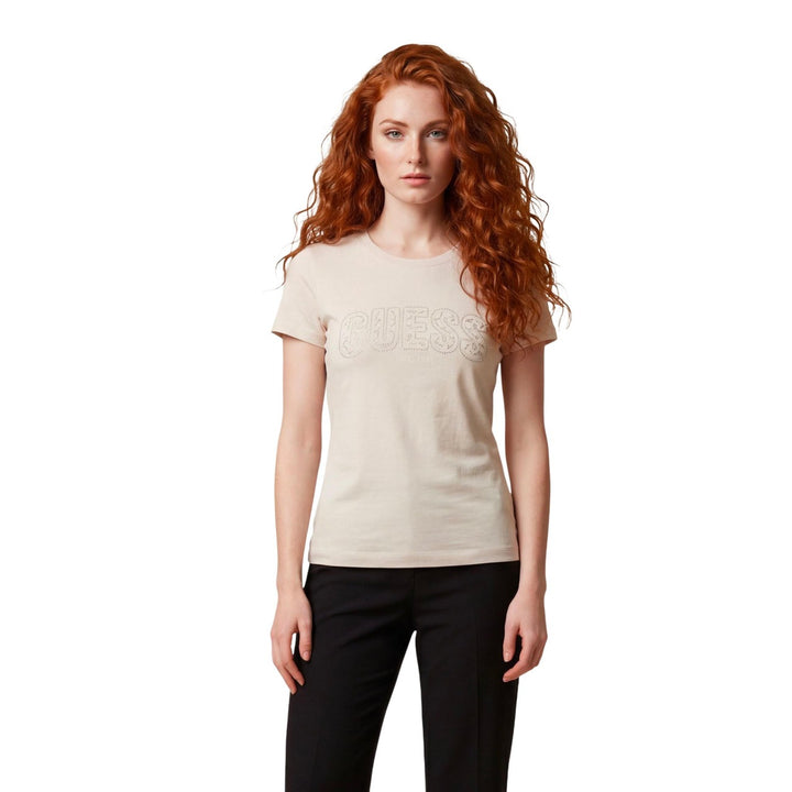 Image 1 : T-shirt Guess femme beige avec détails strass manches courtes — delvale