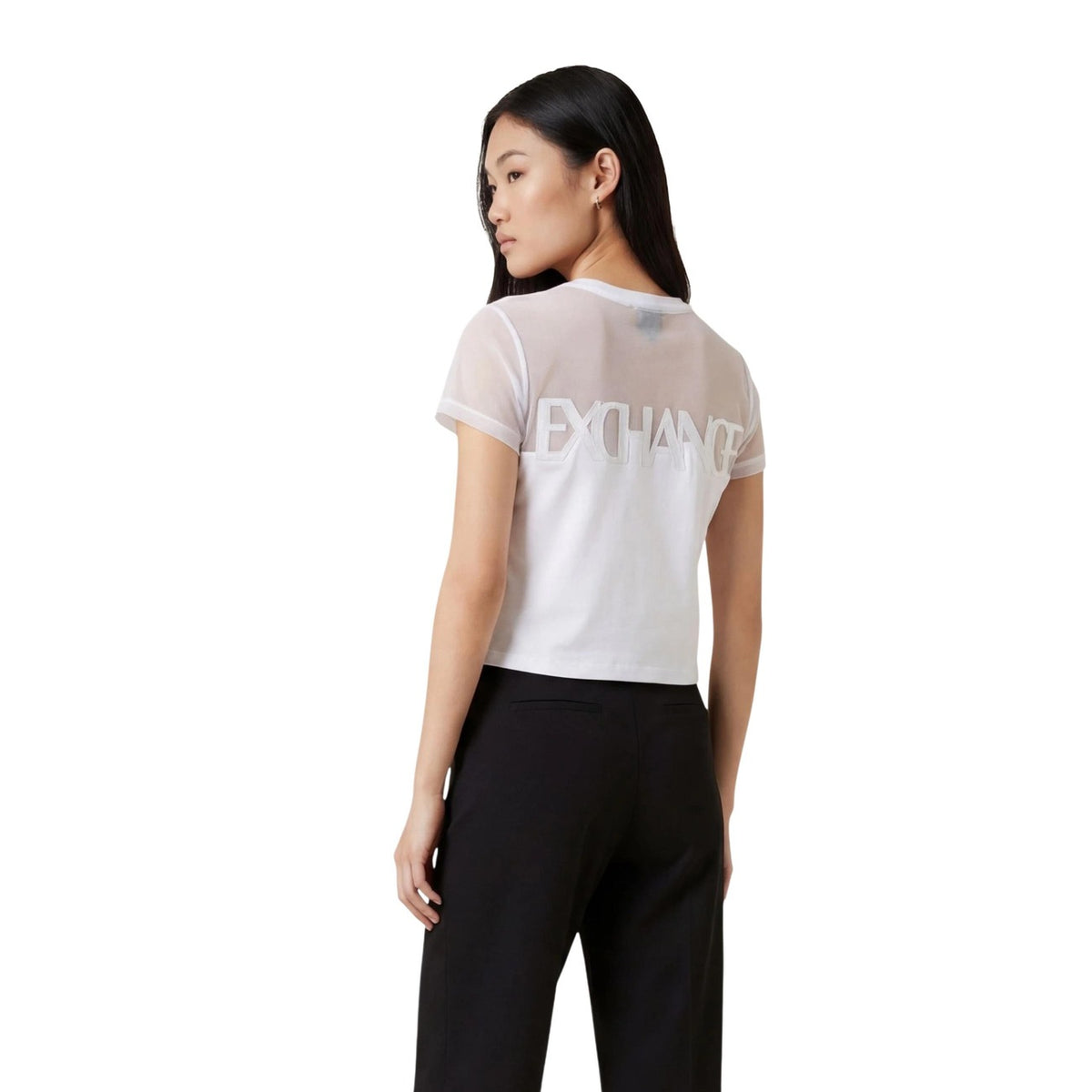 Image 2 : Détail texture filet transparent du t-shirt blanc Armani Exchange pour femme — delvale