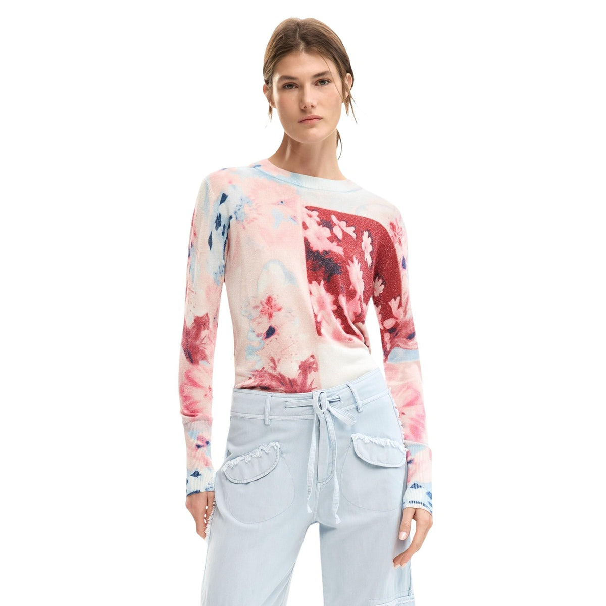 Image 1 : Pull Desigual femme rose à motif floral avec col rond et manches longues — delvale
