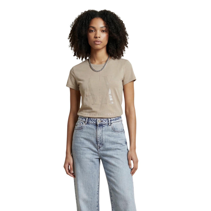 Image 1 : T-shirt femme Armani Exchange beige avec imprimé moderne, manches courtes et col rond — delvale