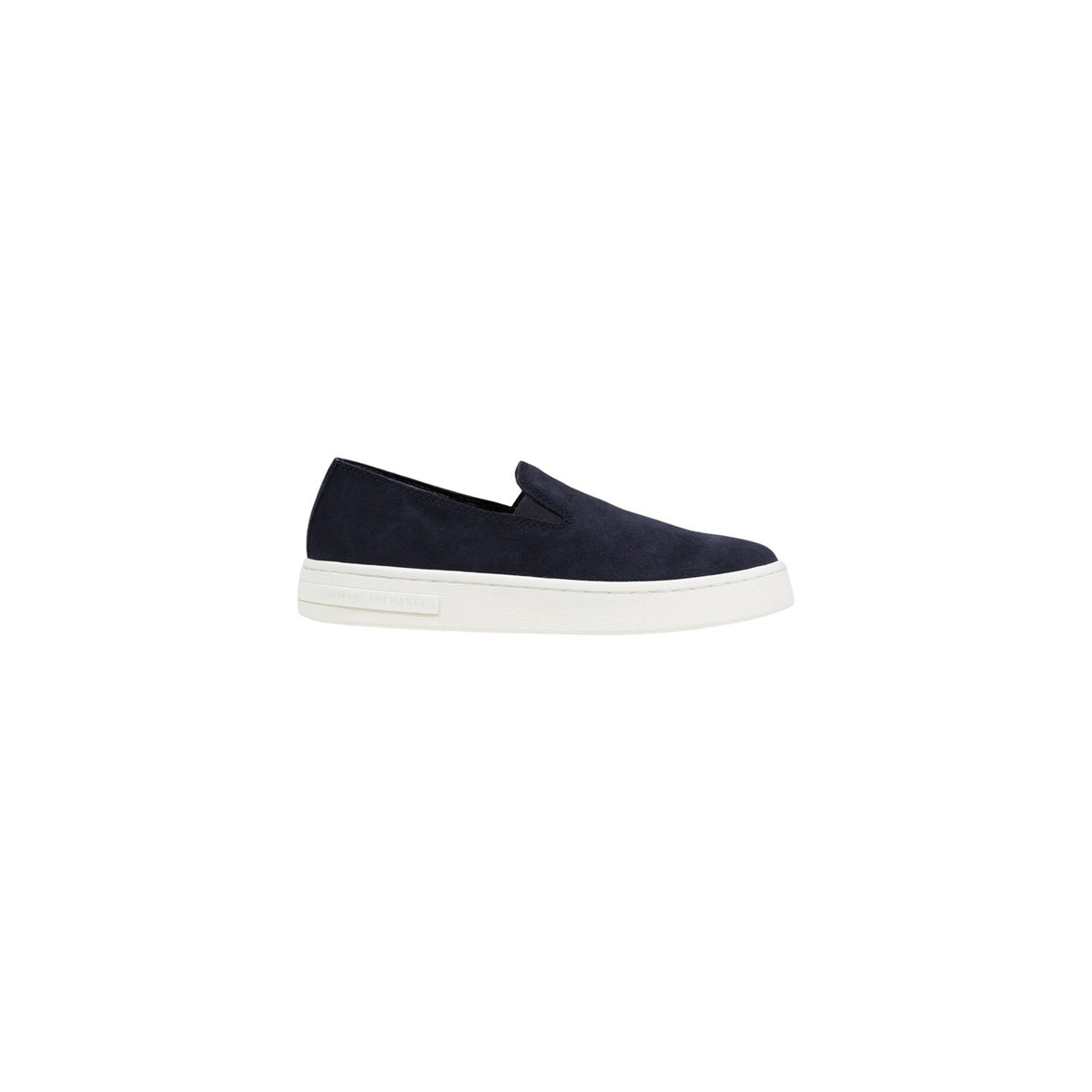 Slip-on Armani Exchange homme bleu marine en cuir suédé avec semelle blanche, vue latérale