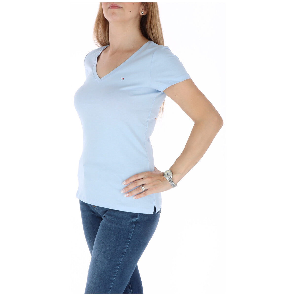 Image 2 : Détail du col V élégant du t-shirt Tommy Hilfiger femme bleu azur — Delvale